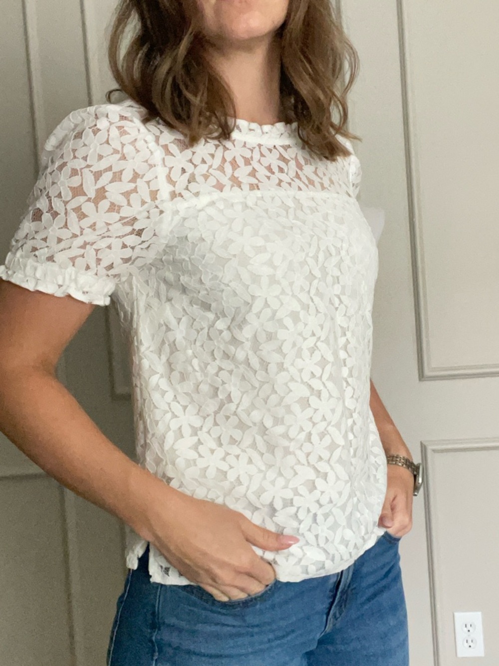 CeCe White Floral Lace Short Sleeve Blouse